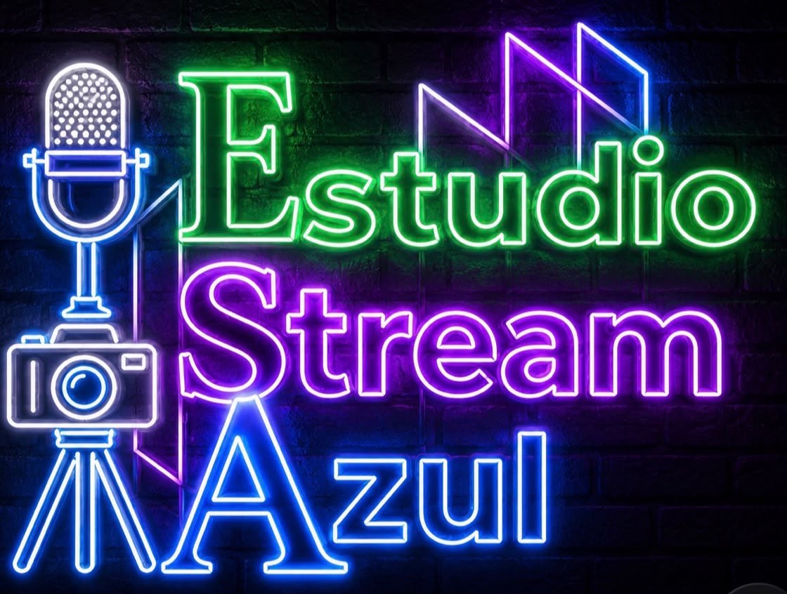 Logo original de Estudio Stream Azul con micrófono y cámara en neón